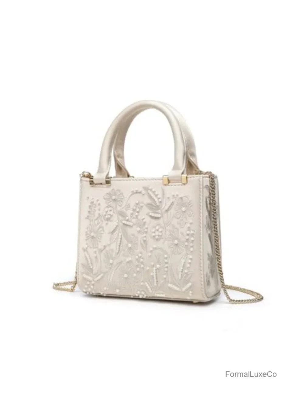 Elegant Silk-like Pearl Embroidered Mini Clutch Purse with Chain